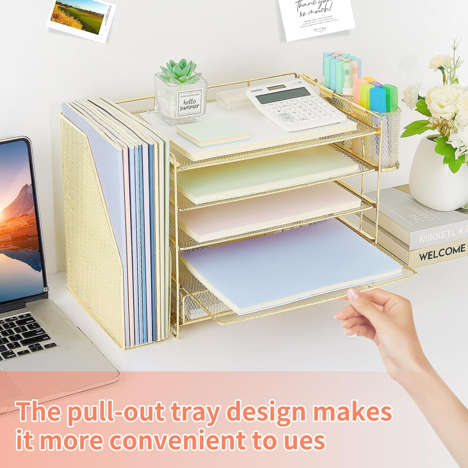 ThrottleT-Desk Organizers and Accessories with File Holder, 5-Tier Office Desk Accessories & Workspace Desktop Organizer with Drawer and 2 Pen Holder, File Paper Organizer for Office Supplies(Gold)