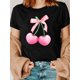thumbnail image 1 of Camiseta de cuello redondo con estampado de cerezas rosas y lazo, ideal para uso diario, ideal para adultos, hombres, mujeres, adolescentes y jóvenes., 1 of 5
