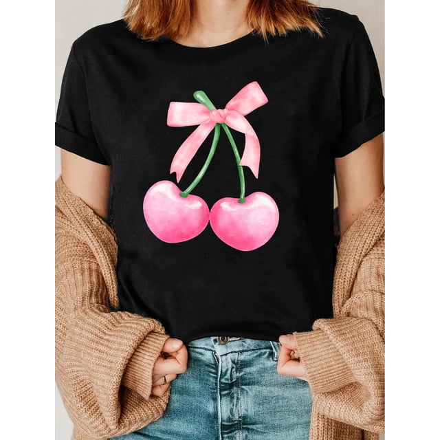 Camiseta de cuello redondo con estampado de cerezas rosas y lazo, ideal para uso diario, ideal para adultos, hombres, mujeres, adolescentes y jóvenes.