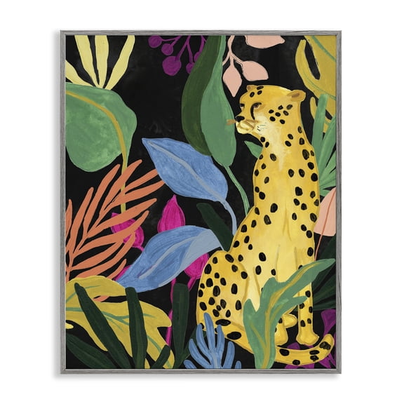 Stupell Industries Eclectic Leopard Among Plant Leaves Gray Framed Giclee Art, 11 x 14, by June Erica Vess
