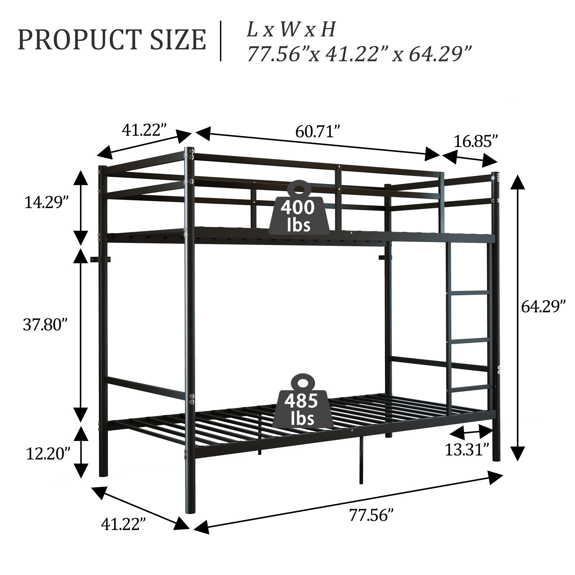 MAYEERTY Heavy Duty Twin Over Twin Metal Bunk Bed, Reinforced Steel Frame with 14" High Guardrails, for Kids Teens Adults, No Box Spring Needed, Black