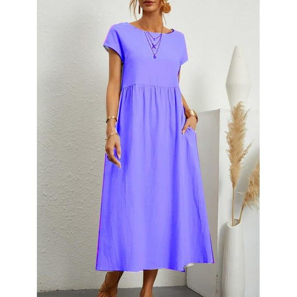 Harajuku Solid Long Dress Women Summer Casual Short Sleeve O Neck Loose Sundress 2023 Y2K Cotton and Linen Robe Dresses ClothesM Gao Jinjia LED