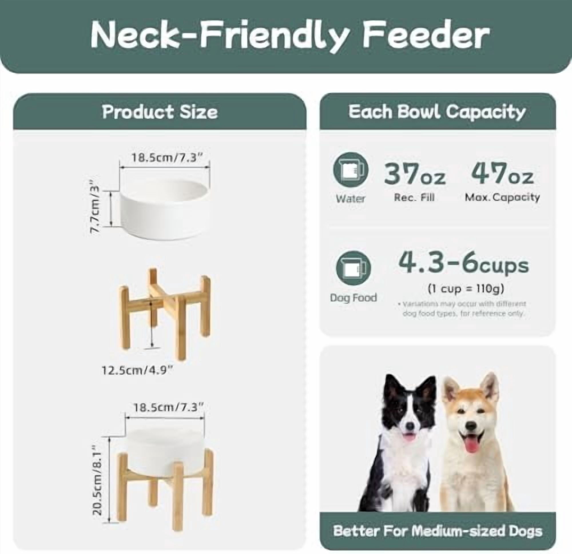 Ceramic Raised Dog Bowl Set, Elevated with Stand, Food and Water Bowl for Medium Breed Dogs, Weighted Dog Dishes, Pet Bowl(7.3'',41OZ, White)