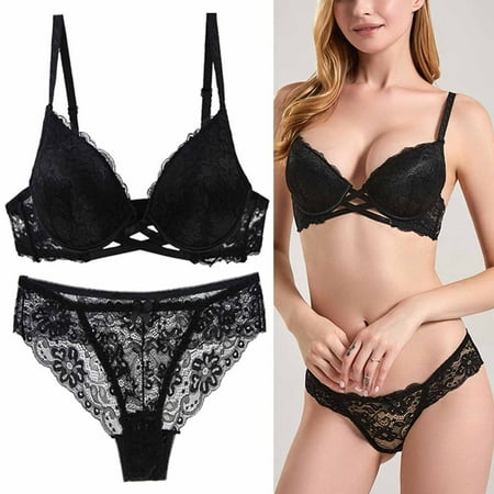 TMOYZQ Womens Underwear Sets Floral Lace Pajamas Underwear Set Lace Bra and Panty Set Push Up Two Piece Underwear Underwire Padded Bra Underwear Set