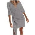 thumbnail image 1 of GYUJNB Robe en Lin pour Femmes pour l'Été Décontractée Col en V Manches 3/4 Robe Courte Plage Froncée Ceinture Vacances Mini Robe, 1 of 5