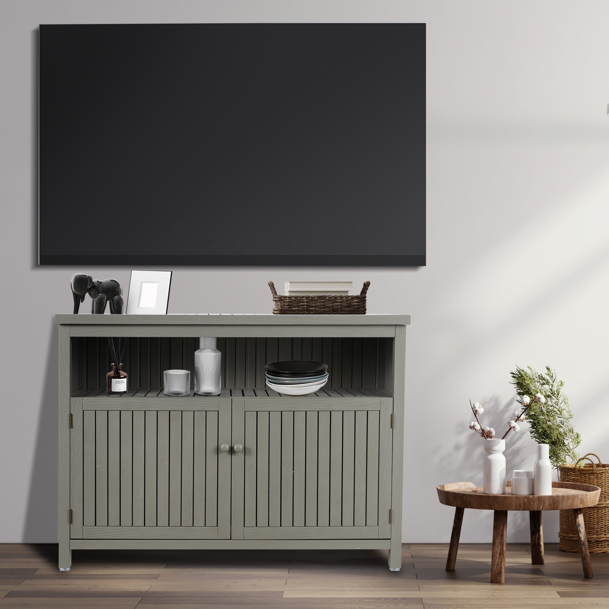 Outdoor Console Sideboards Buffet Cabinet, Solid Wood Storage Cabinet TV Stand,Furniture for Patio Entryway Deck(Grayish Green)