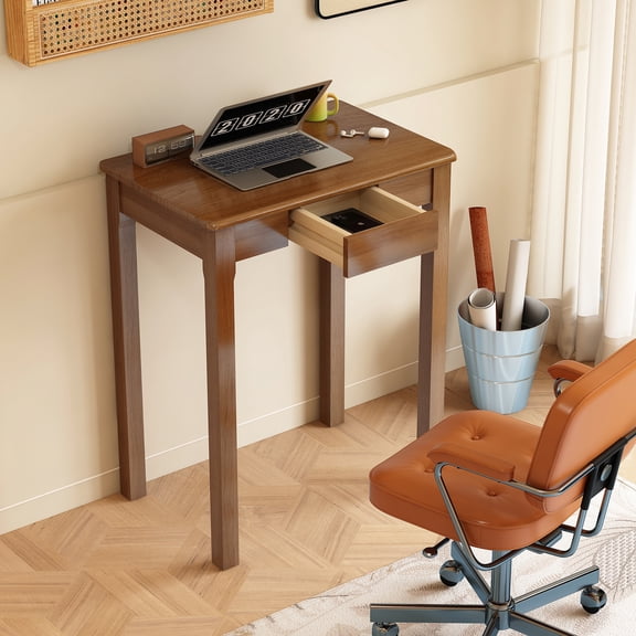 100% Solid Wood with Drawers 24 x 16 Inch Small Desk Mid Century Modern Desk Vintage Small Writing Wooden Desks for Small Spaces Bedroom, Living Room, Office