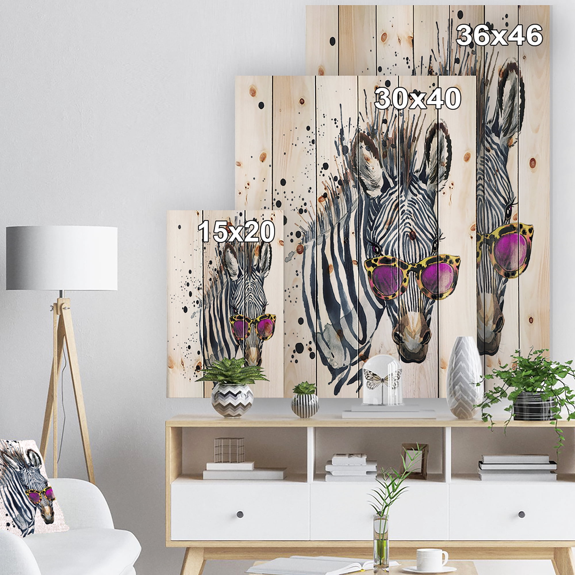 Designart 'Funny Zebra Watercolor' Animal Print on Natural Pine Wood