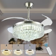 FINE MAKER 42" Crystal Ceiling Fan with Light Remote Retractable Fandelier 3 Color 3 Speed Chandelier with Fan for Living Dining Room Chrome Finish
