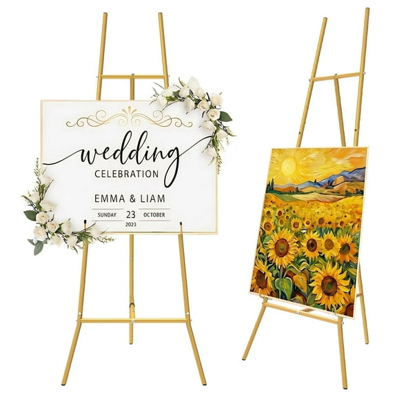 Yacona Gold Easel Stand for Sign, Durable Metal Round Pipe Display Stand, Adjustable Height and Angle, for Painting, Wedding, Poster