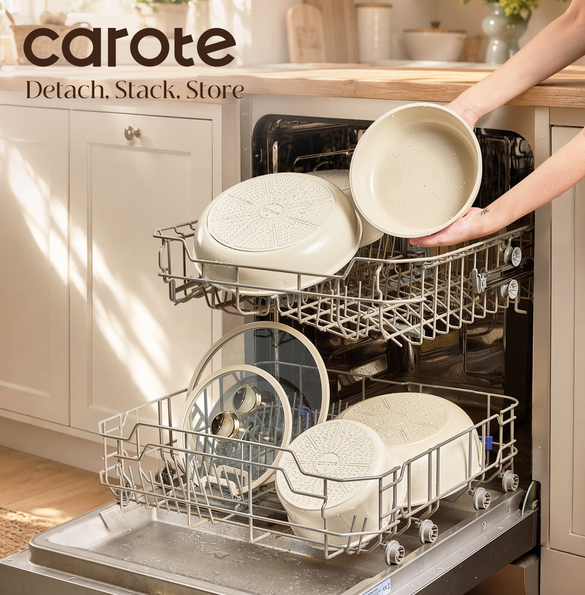 Carote 24-Piece Detachable Cookware Set, Khaluna Cream White, Ceramic Nonstick, Made Without Intentionally Added PFAS