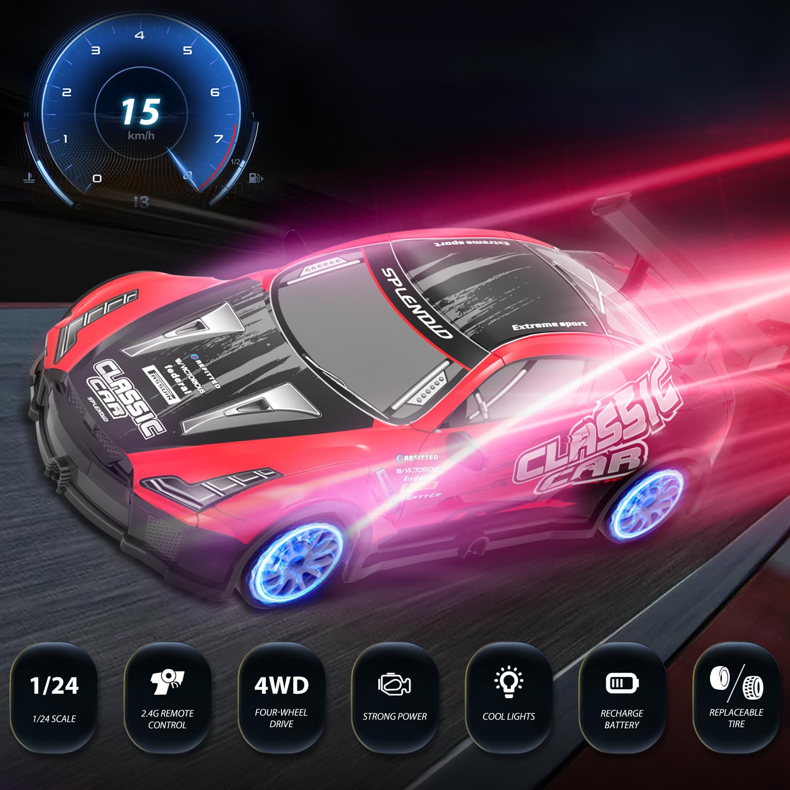 RC Drift Car, 1/20 Remote Control Car for Kids, 4WD Remote Control Sport Racing On-Road Vehicle High Speed with LED Light for Boys Girls Gifts Toys , Red