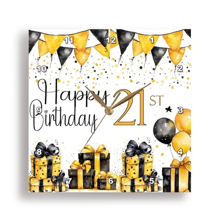 3drose Yellow and Black Gifts and Balloons Happy 21st Birthday 10×10 Wall Clock