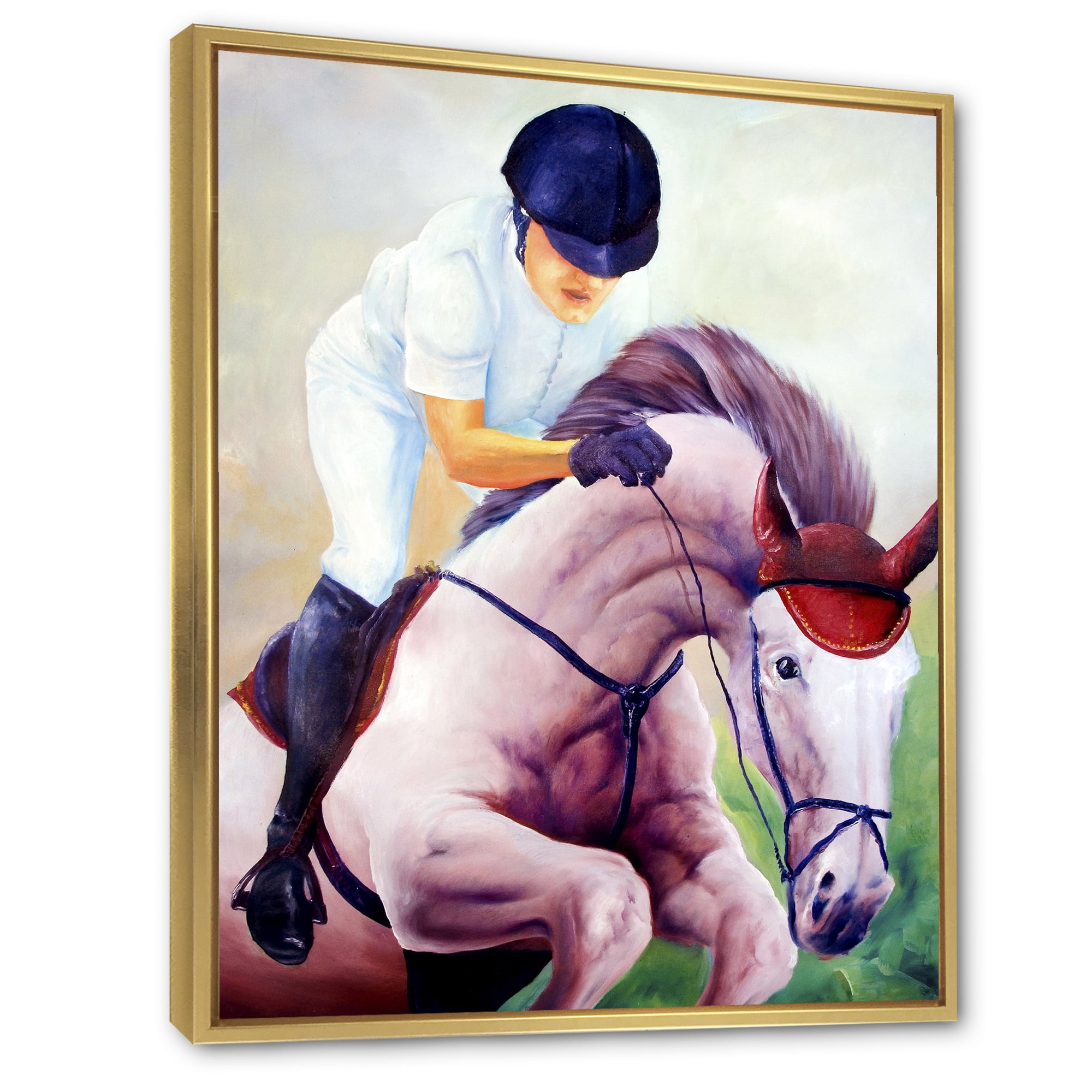 Designart 'Jockey On Galoping Pink Horse' Farmhouse Framed Canvas Wall Art Print