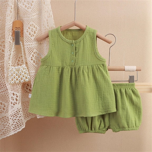 Little Girl Clothes Cotton Linen Sleeveless Ruffle Tank Tops Smocked Shorts Sets (Green 12-18 Months)