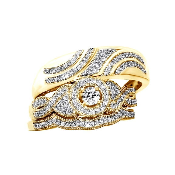 AFFY Round Cut White Cubic Zirconia Engagement & Wedding Halo Trio Bridal Ring Set In 10K Solid Yellow Gold (0.5 ct)