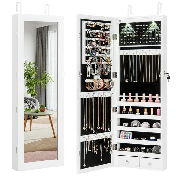 Giantex Wall/Door Mounted Jewelry Cabinet Armoire, Lockable Armoire Cabinet w/ Full Length Mirror, 2 LED Lights, Adjustable Hanging Hooks, Jewelry Organizer for Dressing Make-up (White)