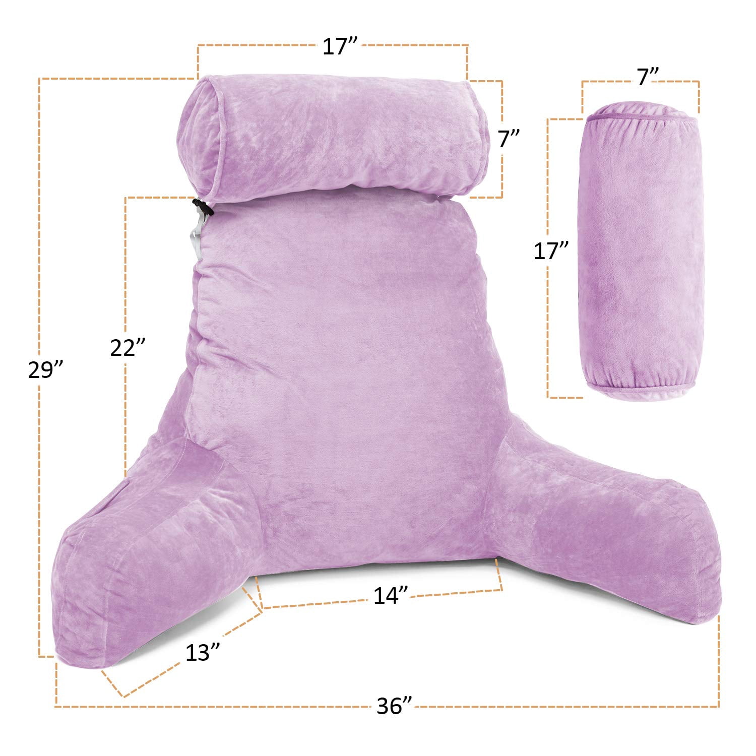 Clara Clark Bed Rest Reading Pillow with Arms and Pockets - Premium Shredded Memory Foam TV Pillow, Detachable Neck Roll & Lumbar Support Pillow, Large, Light Purple