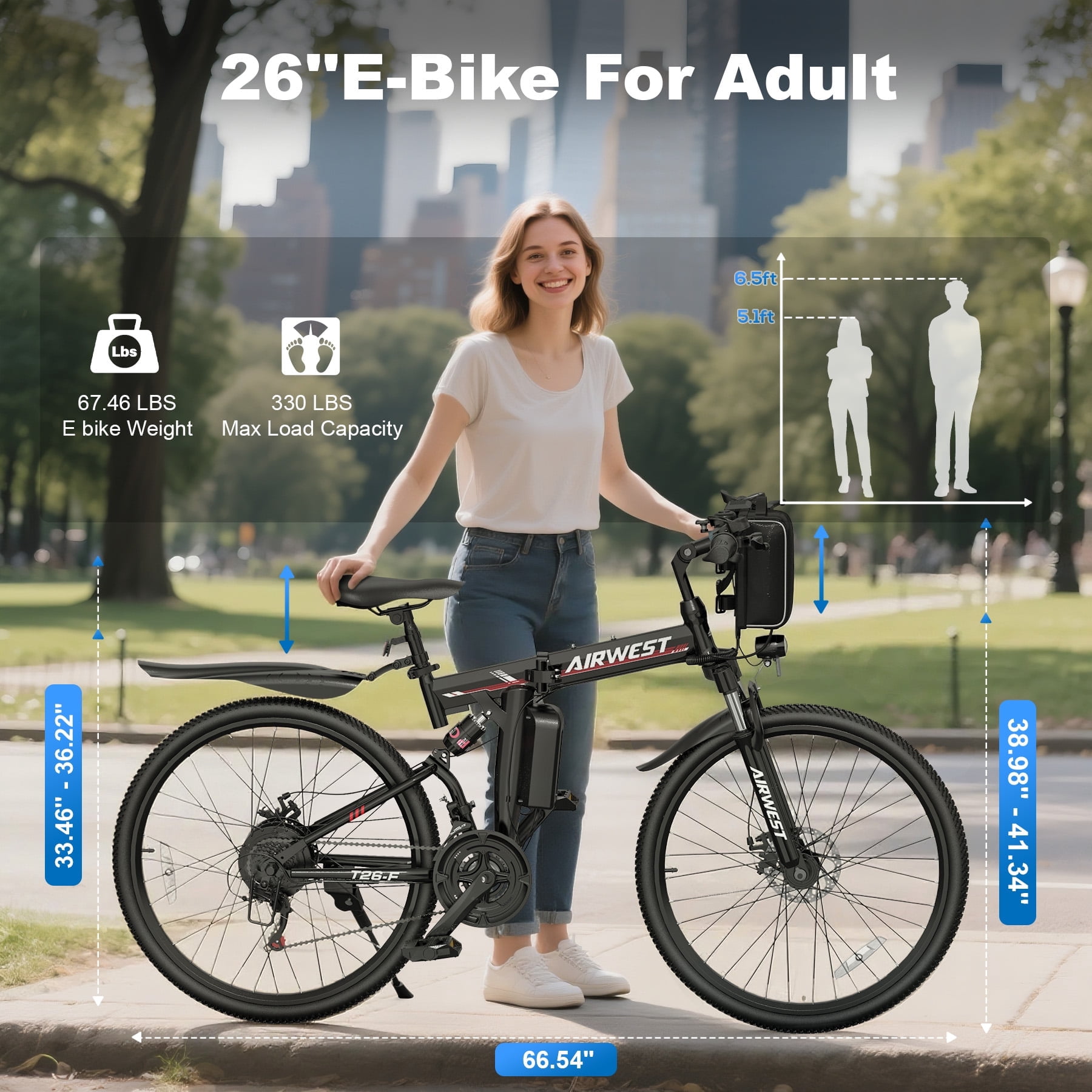 AIRWEST Electric Bike - 26'' Adult E Bike, Peak 750W 20MPH Electric Mountain bike with 48V7.8AH Removable Battery with Fork Suspension and Dual Disc Brakes, UL2849