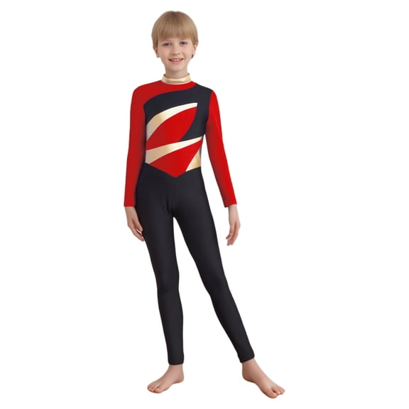 Sholeno Kids Boys Long Sleeve Metallic Turtleneck Unitard Full Body Gymnastics Dance Leotard Jumpsuit Red 8