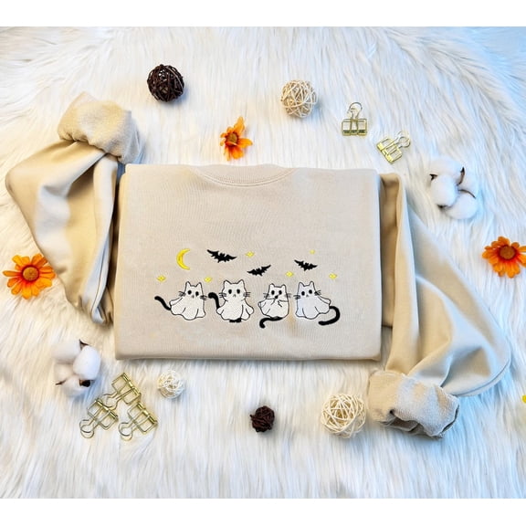 Halloween Ghost Cat Embroidered Sweatshirt
