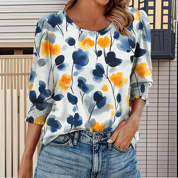 New trending & for spring GaThRRgYP Women's Floral Print Short Sleeve Top,Womens Fashion Casual Printed 3/4 Sleeve Top Round-Neck Blouses Shirts Blue S