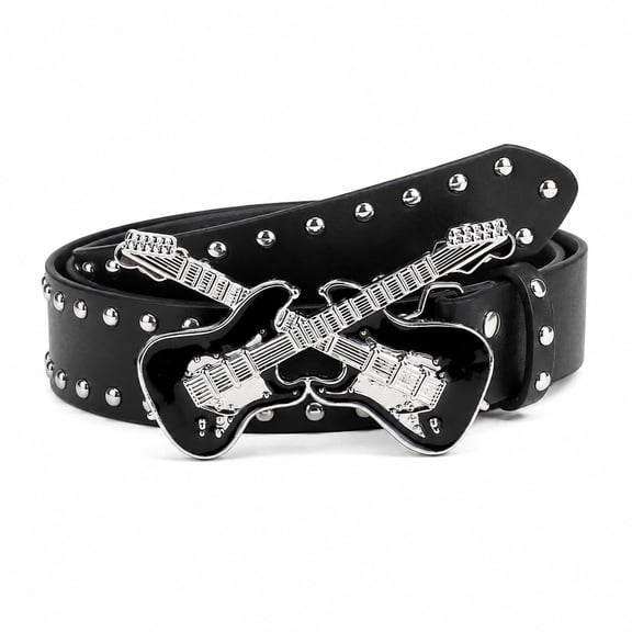 TRISJEM Y2K Guitar Belt, Unisex Punk Rock Studded Waist Belt with Metal Guitar Buckle, Vintage Gothic Fashion Accessory for Jeans, Streetwear and Casual Style