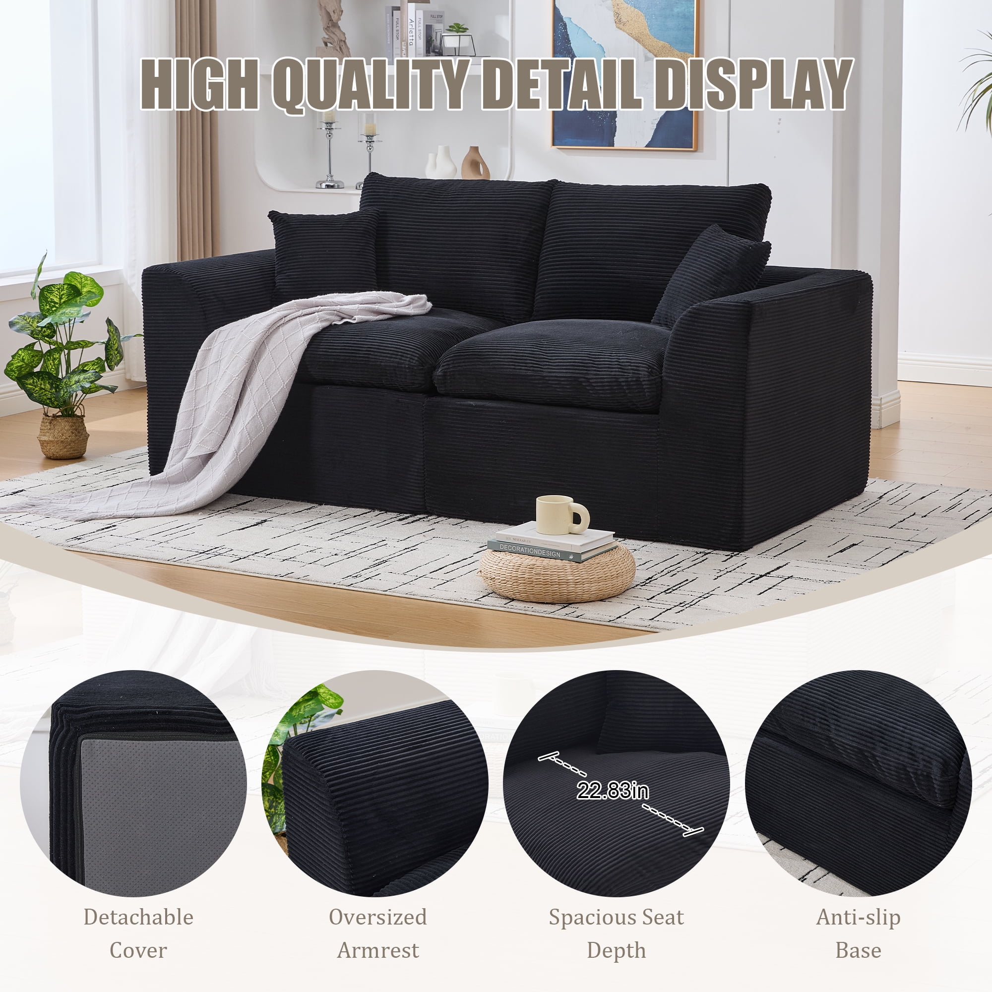 Leumius 80" Cloud Couch,Modern 2 Seater Sofa with Pillow,Upholstered Corduroy Fabric Modern Loveseat for Living Room Bedroom Apartments Dorms,No Assembly Required,Black