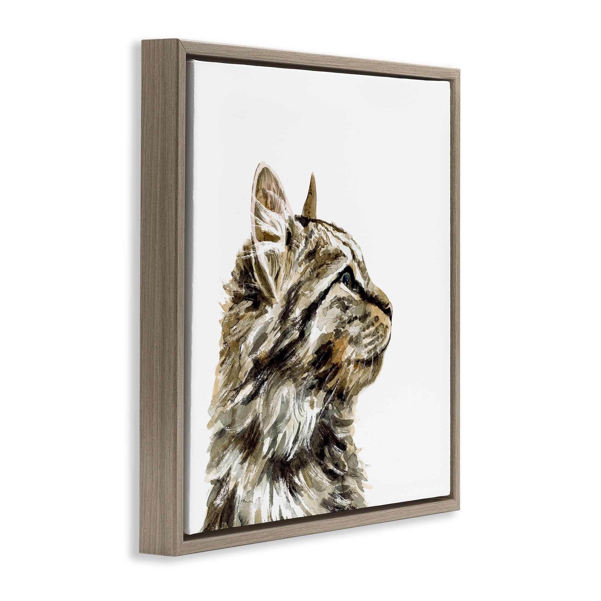 Stupell Industries Simple Tabby Cat Gaze Animals & Insects Painting Brown Floater Framed Canvas Art Print Wall Art, 18 x 18
