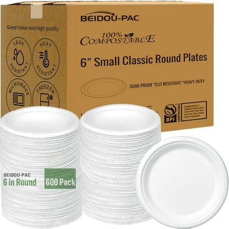 BEIDOU-PAC 600 Count 6 Inch Small Heavy Duty Compostable Dessert Plates, Biodegradable Bagasse Paper Plates, White