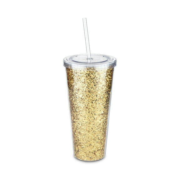 Blush Glam Double Walled Glitter Tumbler - Travel Cup & Straw 24oz, Gold