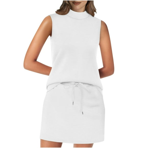 Two Piece Skirt Sets for Women, Summer Beach Vacation Outfits Mock Neck Tank Tops & Drawstring Mini Skirt Loungewear Sweatsuits Outfits for Lady 2025 White S