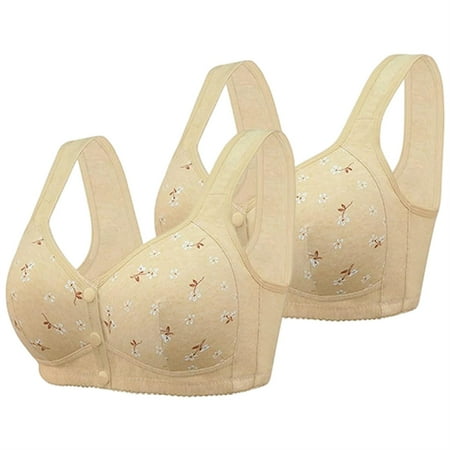 

2PCS Convenient Front Button Daisy Bra Elderly Comfy Active Cotton Wire Free Floral Closure Underwear-Apricot 40/90（L）