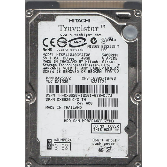 HTS541040G9AT00, PN 0A25382, MLC DA1230, Hitachi 40GB IDE 2.5 Hard Drive