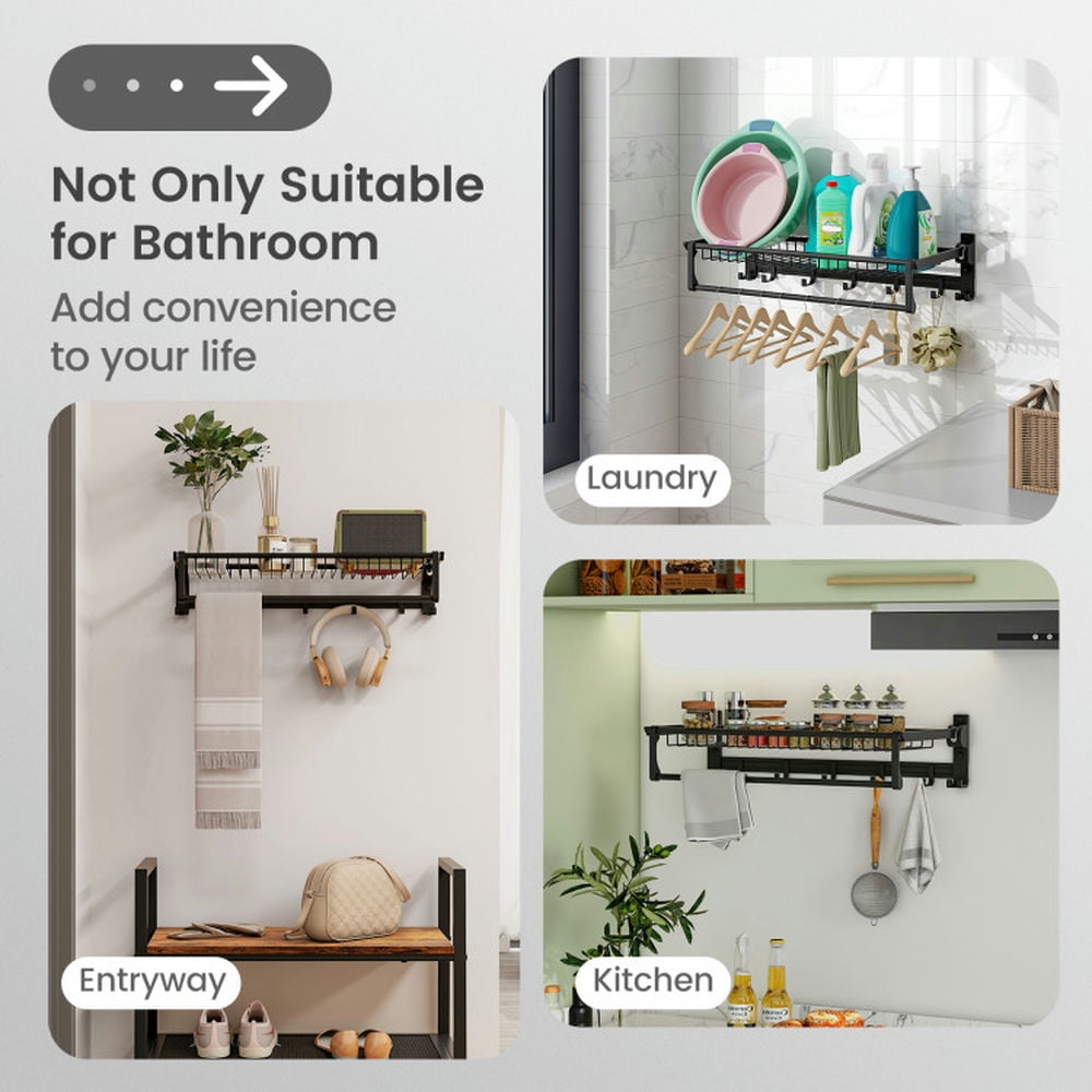 Finihen Wall Mounted Towel Rack, Electric Heated Towel Rack, Wall Mounted Towel Shelf with Adjustable Towel Bar and Movable Hooks No Assembly Required, for Bathroom, laundry Room, Black