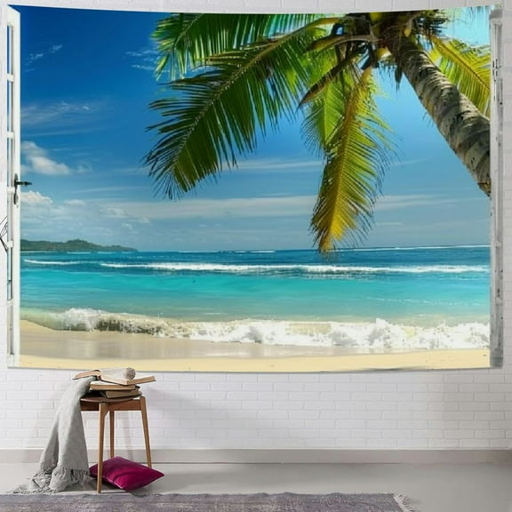 Creowell Sunny Day Beach Wall Hanging Tapestries Open Window View of The Sea Summer Palm Tree Aesthetic Tapestry Home Decor Backdrop Men Women Dorm Wall Tapestry 40x30inch