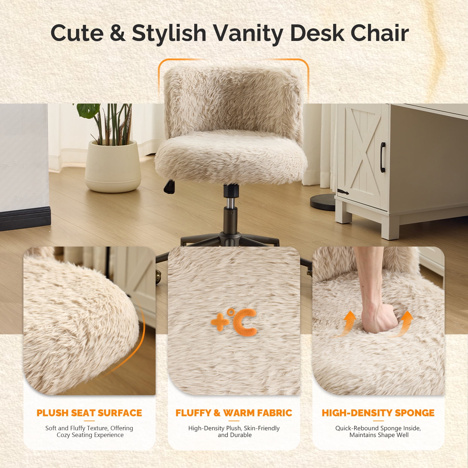Ktaxon Vanity Chair, Adjustable Desk Chair with Metal Base and Swiveel Casters, Long Pile Fabric Makeup Chair for Women, Ideal for Office,Study and Home Beige