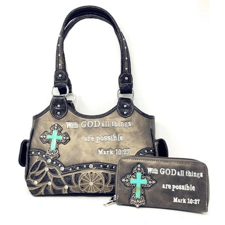 Handbags Nine West Texas West Womens Western Rhinestone Concealed Carry Spiritual Cross Bible Verse Embroidery Laser Cut Shoulder Handbag With Matching Wallet In Multi Colors ()