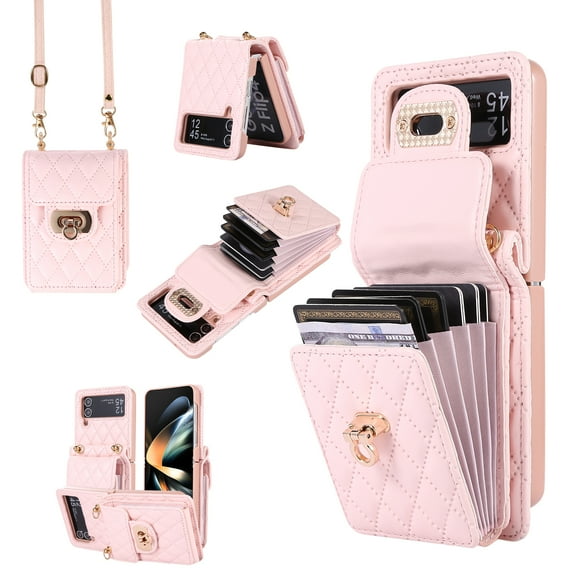 ELEHOLD Multi-Functional Wallet Case for Samsung Galaxy Z Flip4 2022 Organ Card Holders PU Leather Metal Snap with Crossbody Strap Shockproof Elegant Purse Case for Samsung Galaxy Z Flip 4,Pink