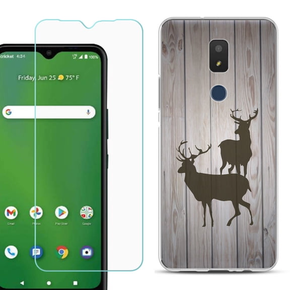 Slim-Fit TPU Fashion Phone Case for Cricket Icon 3, with Tempered Glass Screen Protector, by OneToughShield ® - Wood/Deer