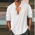 thumbnail image 2 of Camisas Para Hombre Camisa medio abierta para hombre, cárdigan de algodón y lino multicolor simple, cuello redondo, camisa de manga larga a la moda (White, XL), 2 of 6