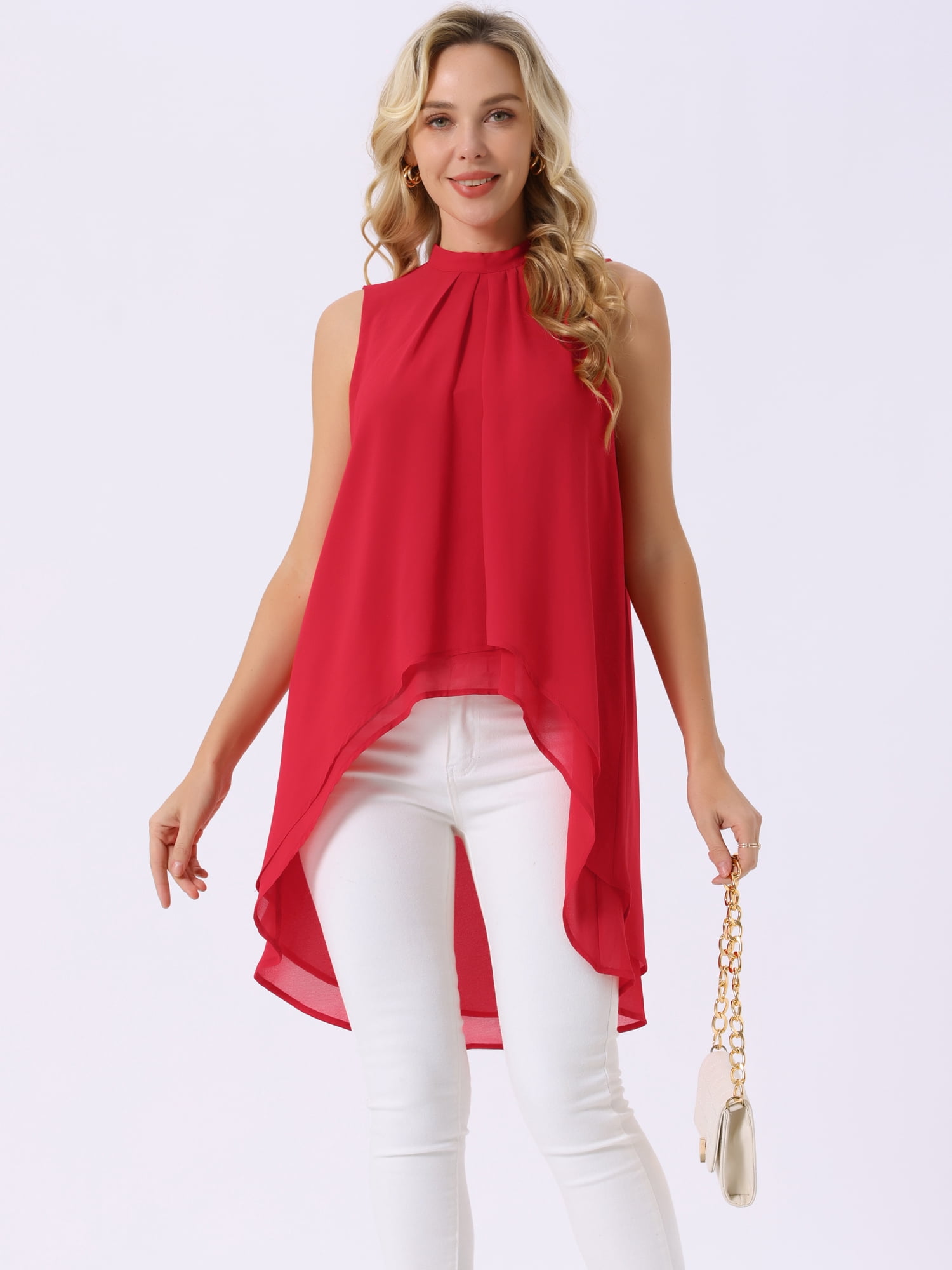 DARING DIVA Women's Tie Back High Low Mock Neck Blouse Tops L Red