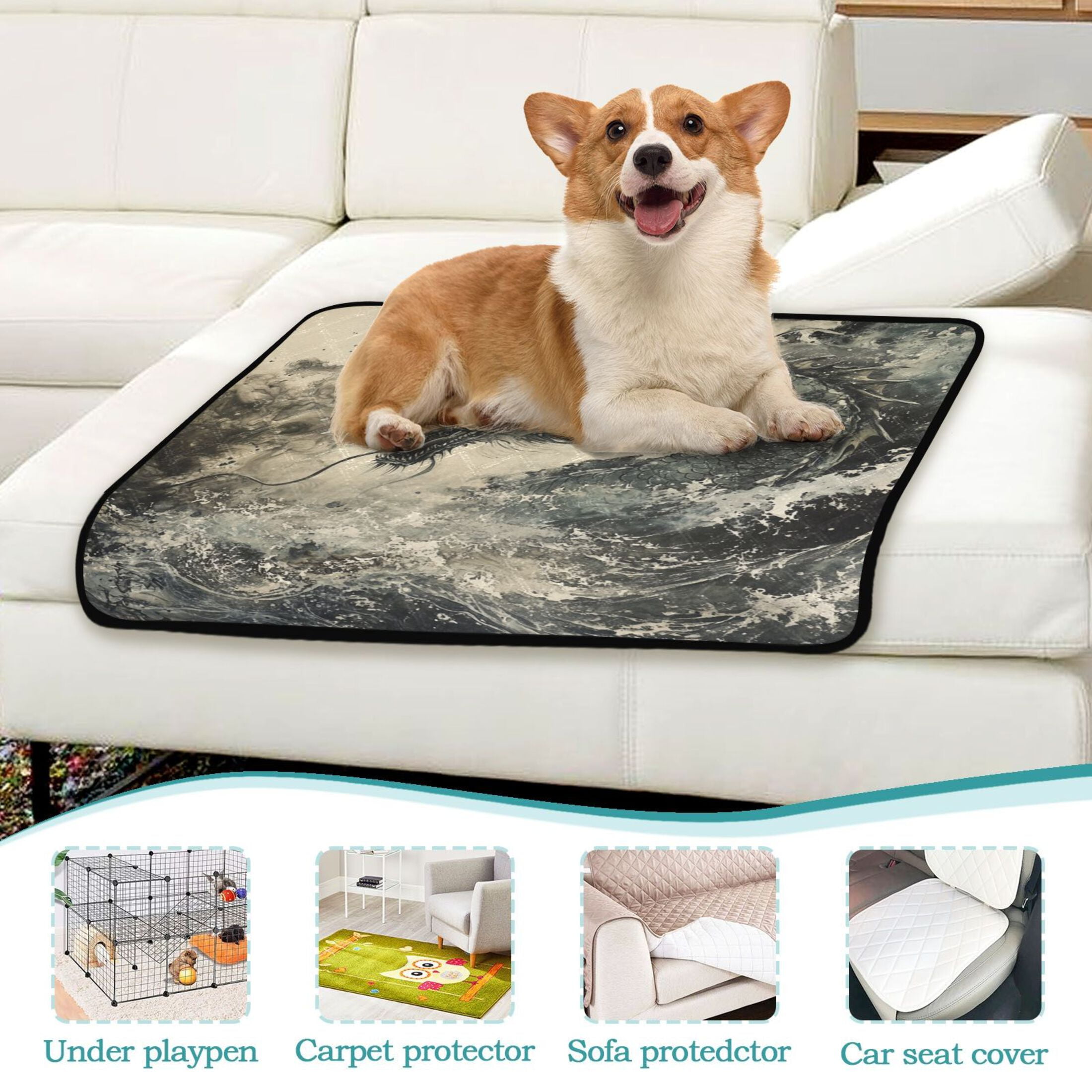 Qxltty Cyan Dragon Cat litter Pads Pet Set of 3 Diaper Mats Center Anti-leakage Layer Absorbent Soft and Comfortable