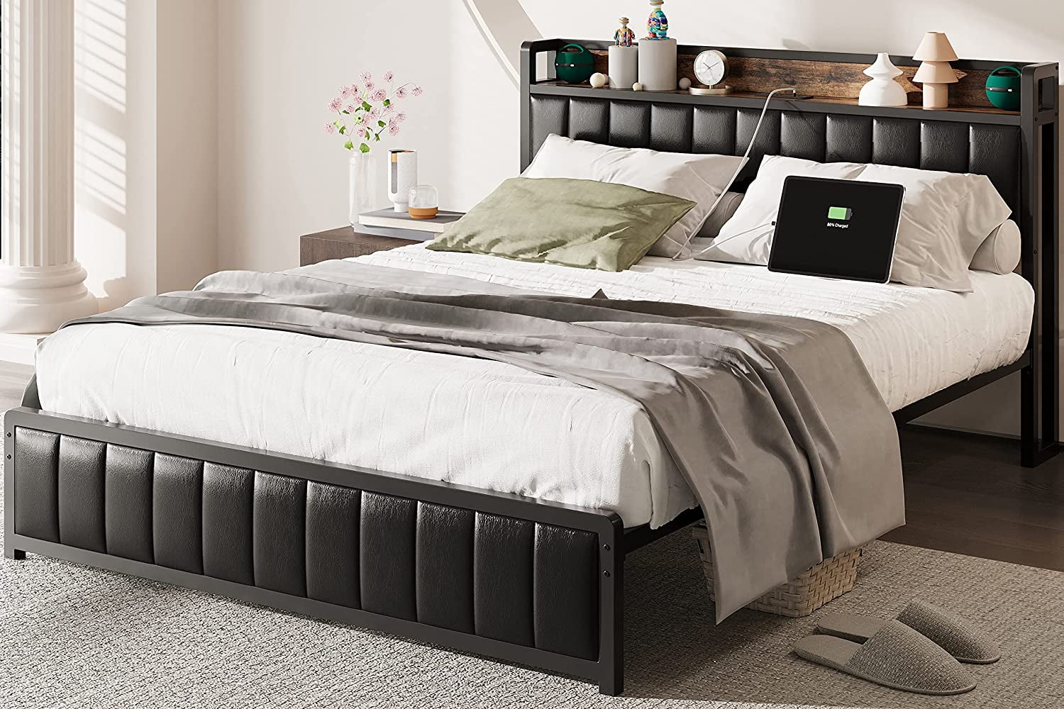 ANCTOR Full Bed Frame with Storage Headboard & Footboard, Upholstered