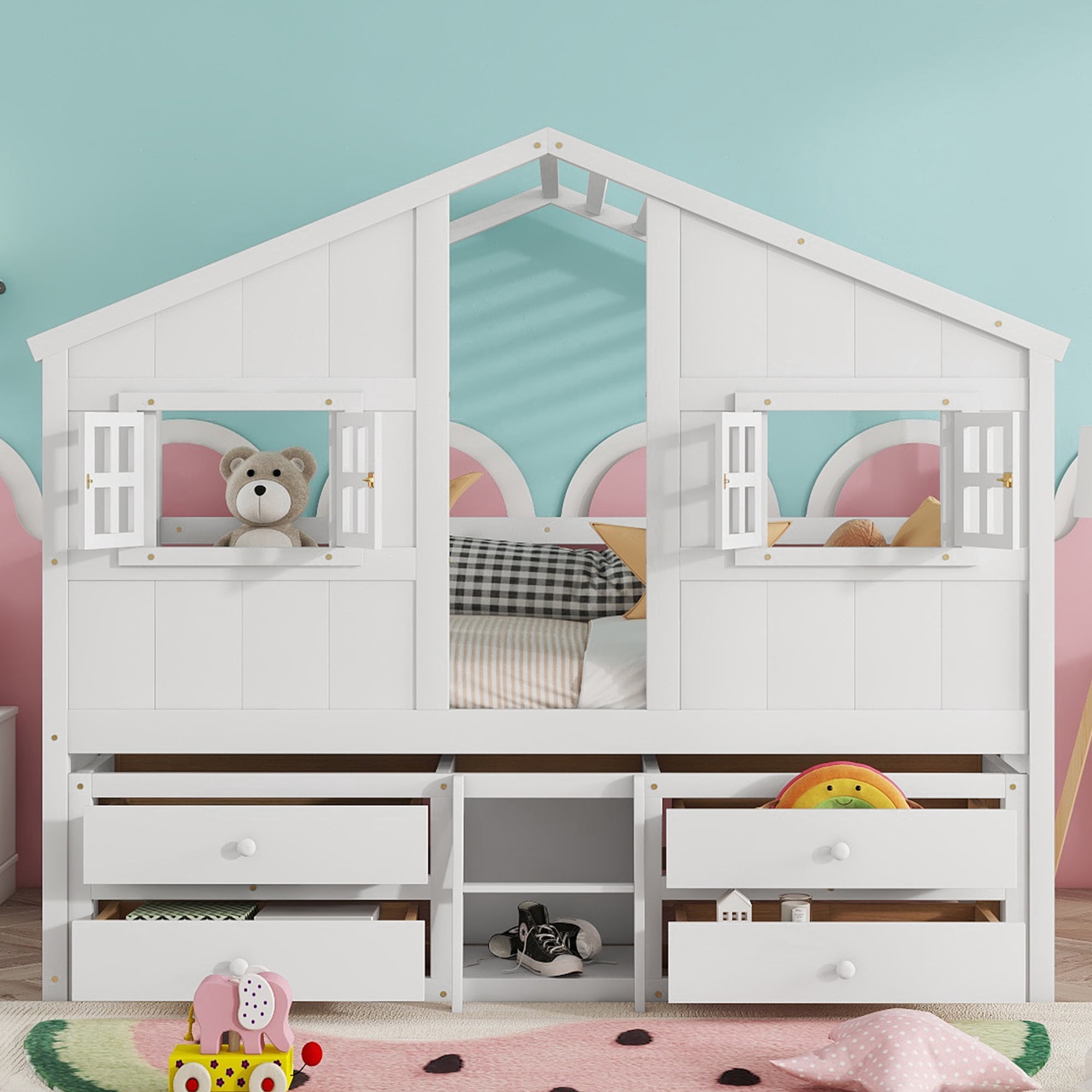 Aukfa Full Size House Bed Frame with 4 Storage Drawers, Wood Low Loft Playhouse Bed with Roof and Fence for Kids, Boys, Girls, and Teens, White
