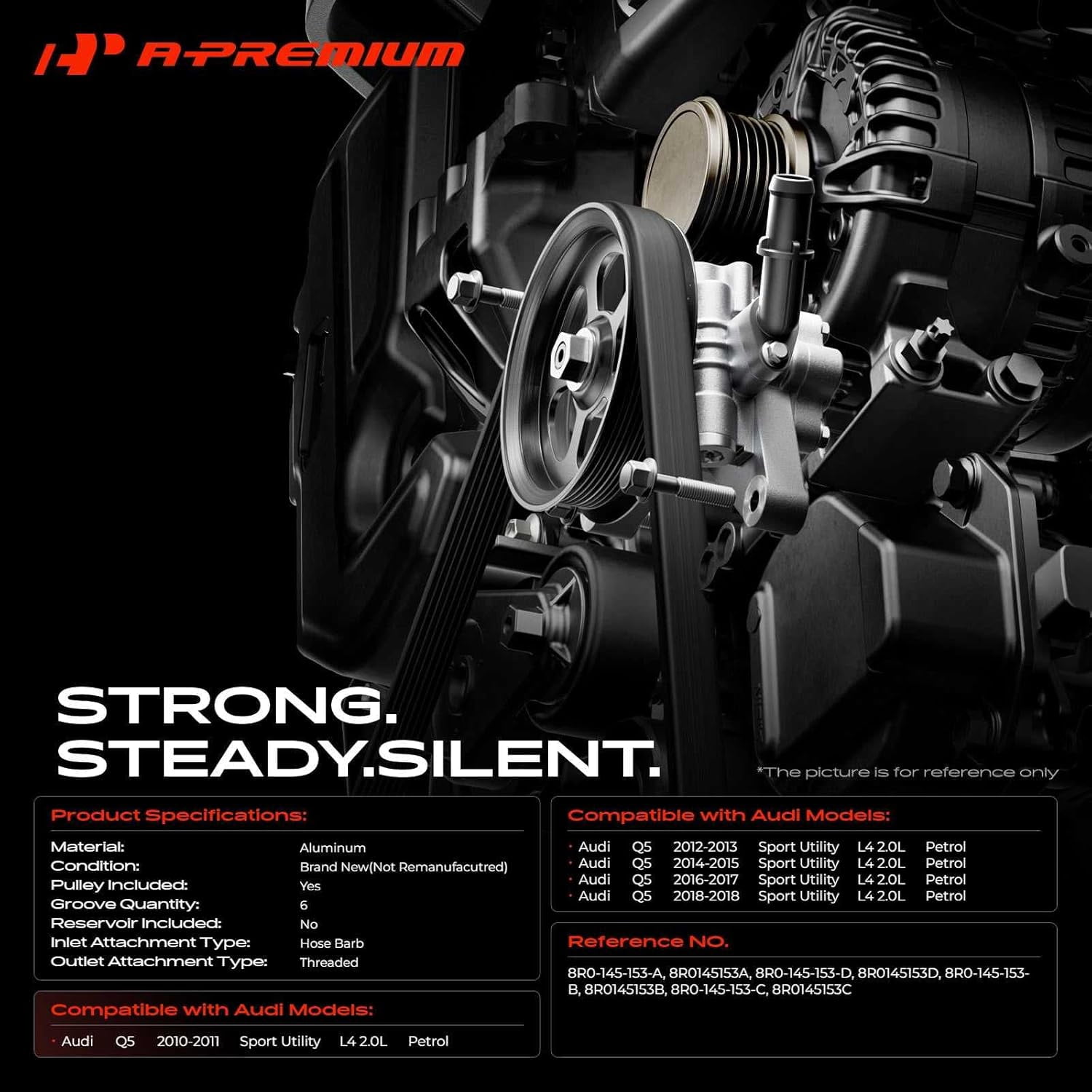 A-Premium Power Steering Pump with Pulley Compatible with Audi Q5 2010-2018 L4 2.0L