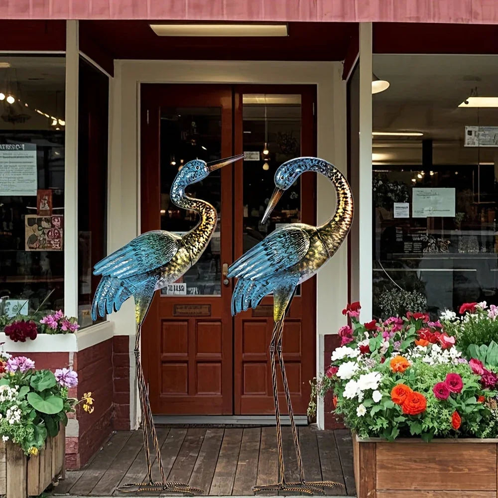 House of Avana Blue Gold Metal Crane Garden Sculpture Elegant Outdoor Decor