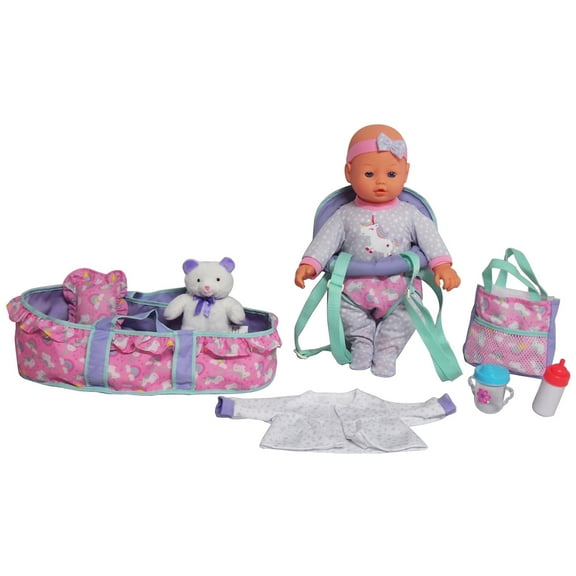 Dream Collection: Deluxe 16" Baby Doll Traveling Set - Unicorn, Grey-Pink-Green - Plush Bear, Bag &Toy Care Accessories, Bassinet & Carrier, Kids 2 