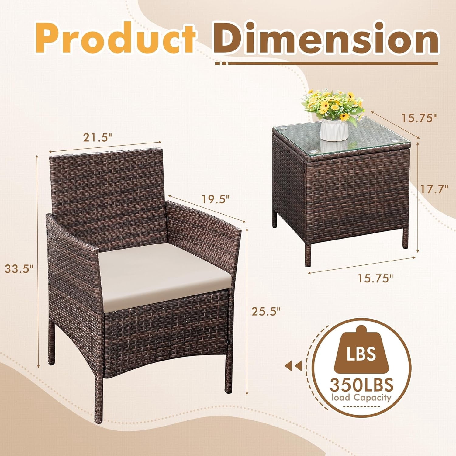 Patio Furniture Set 3 Pieces All-Weather Rattan Outdoor Furniture Patio Chairs with Tempered Glass Table for Porch Bistro Balcony,Beige