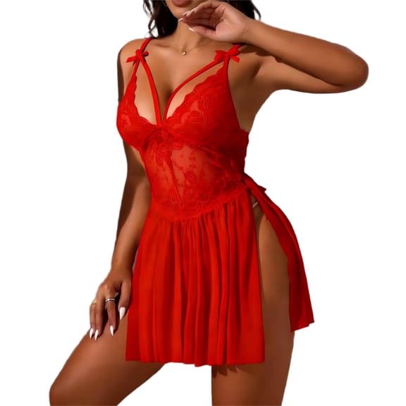 Spaghetti Strap Sheer Lace Nightgown for Women Sexy Flowy Mesh Mini Dress with Thong 2 Piece Babydoll Lingerie